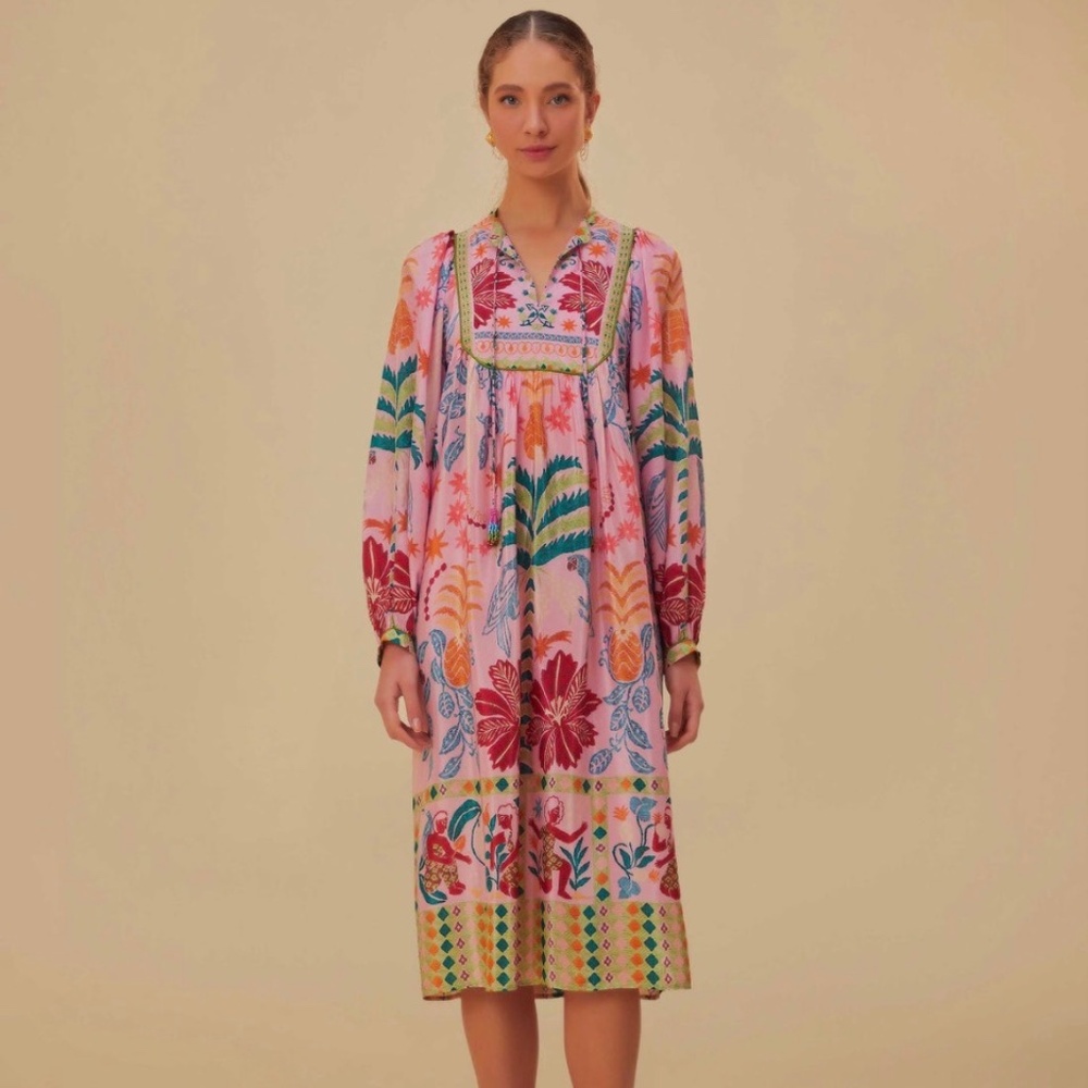Farm Rio Pink Fruits Queen Scarf Midi Dress, size XL